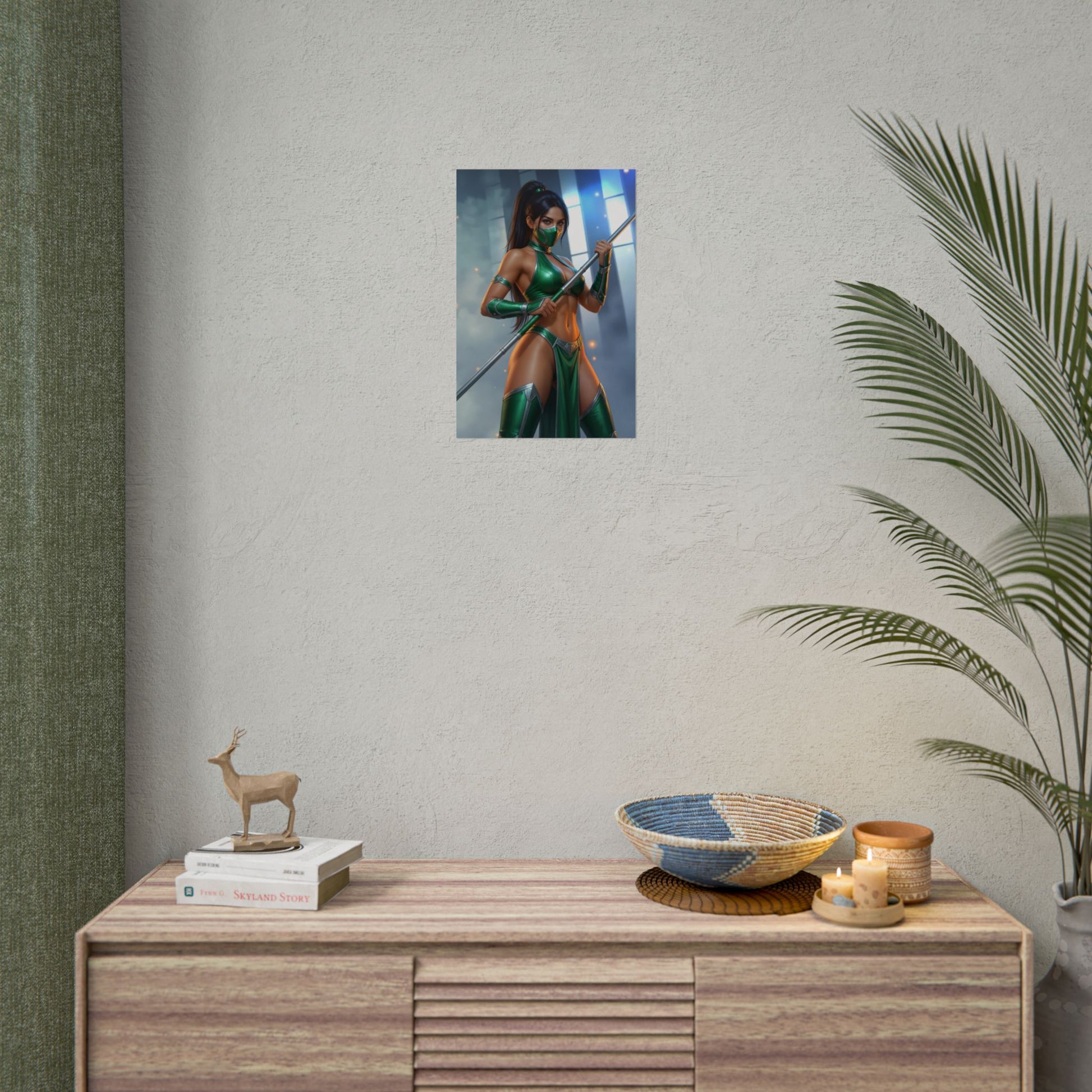 Jade Mortal Kombat Poster – Iconic Fighting Game Heroine Wall Art on a modern living room wall, high-resolution print