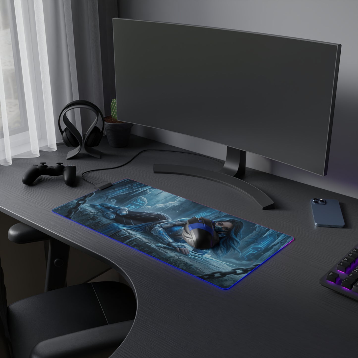 Frost Desk Mat – LED RGB Pad, Waifu Fighter Anime Girl Setup on gaming desk with blue LED trim and precision cloth surface