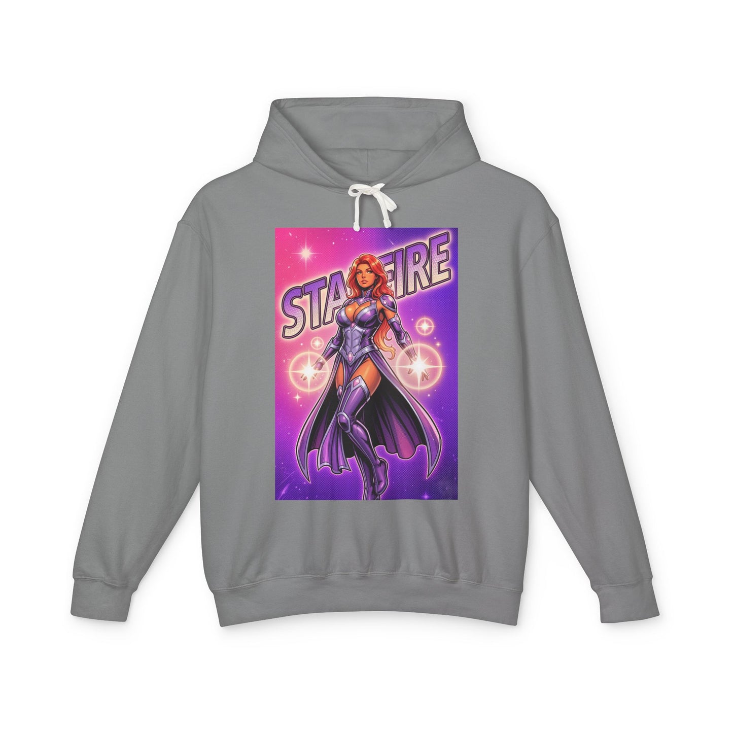Starfire Hoodie | DC Superhero Hoodie | Cosmic Princess Pullover - grey pullover with vibrant Starfire cosmic heroine graphic