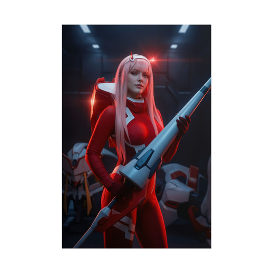 Zero Two Poster, Darling in the Franxx Art Print – Iconic Anime Heroine featuring cosplayer in red suit holding rifle in sci-fi mech hangar