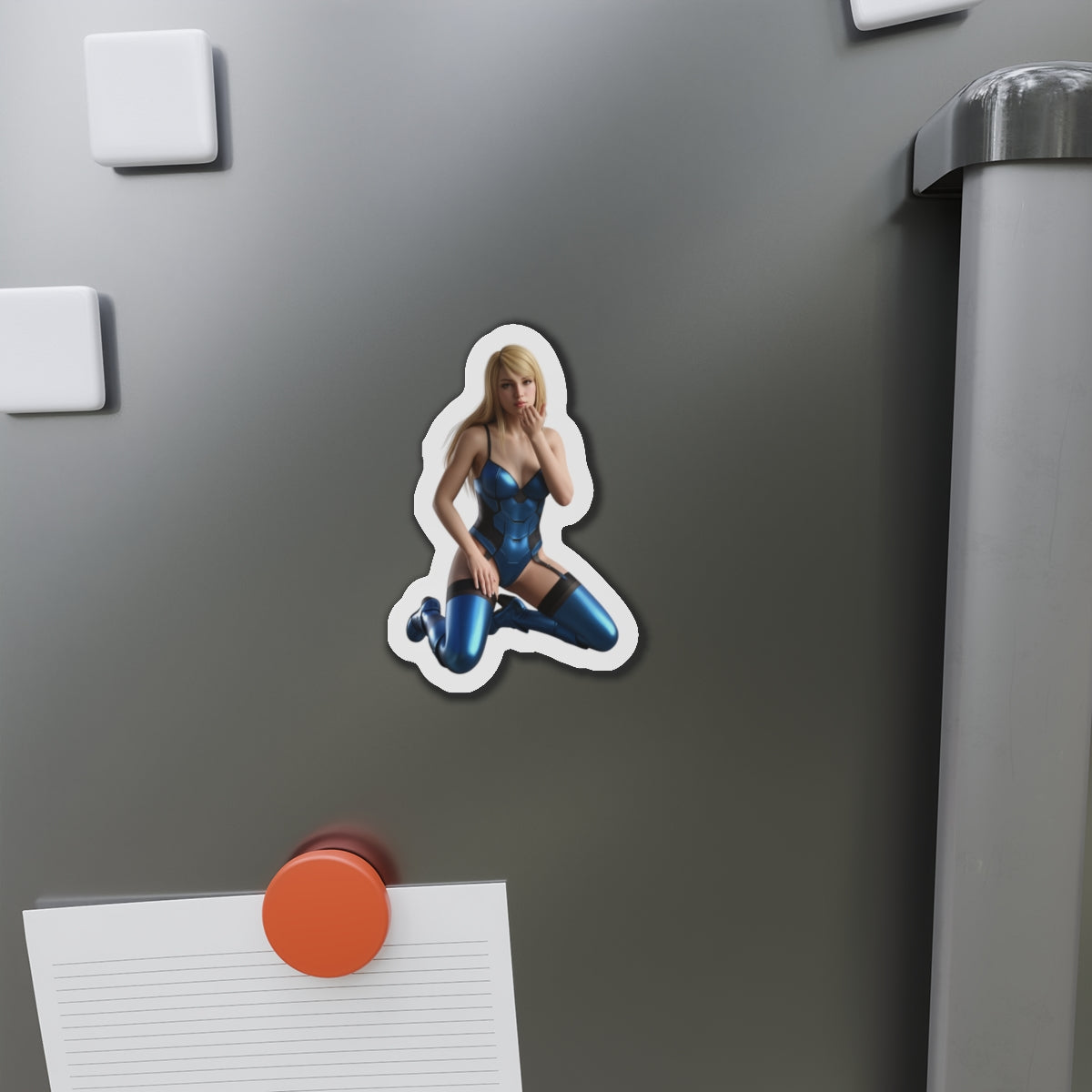 Samus Aran Magnet – Sci-Fi Game Heroine Fridge Magnet, Anime Style Decor premium die-cut vinyl magnet of anime-style Samus Aran on a fridge