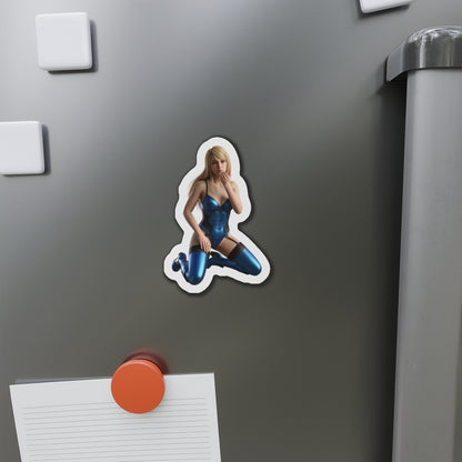Samus Aran Magnet – Sci-Fi Game Heroine Fridge Magnet, Anime Style Decor premium die-cut vinyl magnet of anime-style Samus Aran on a fridge