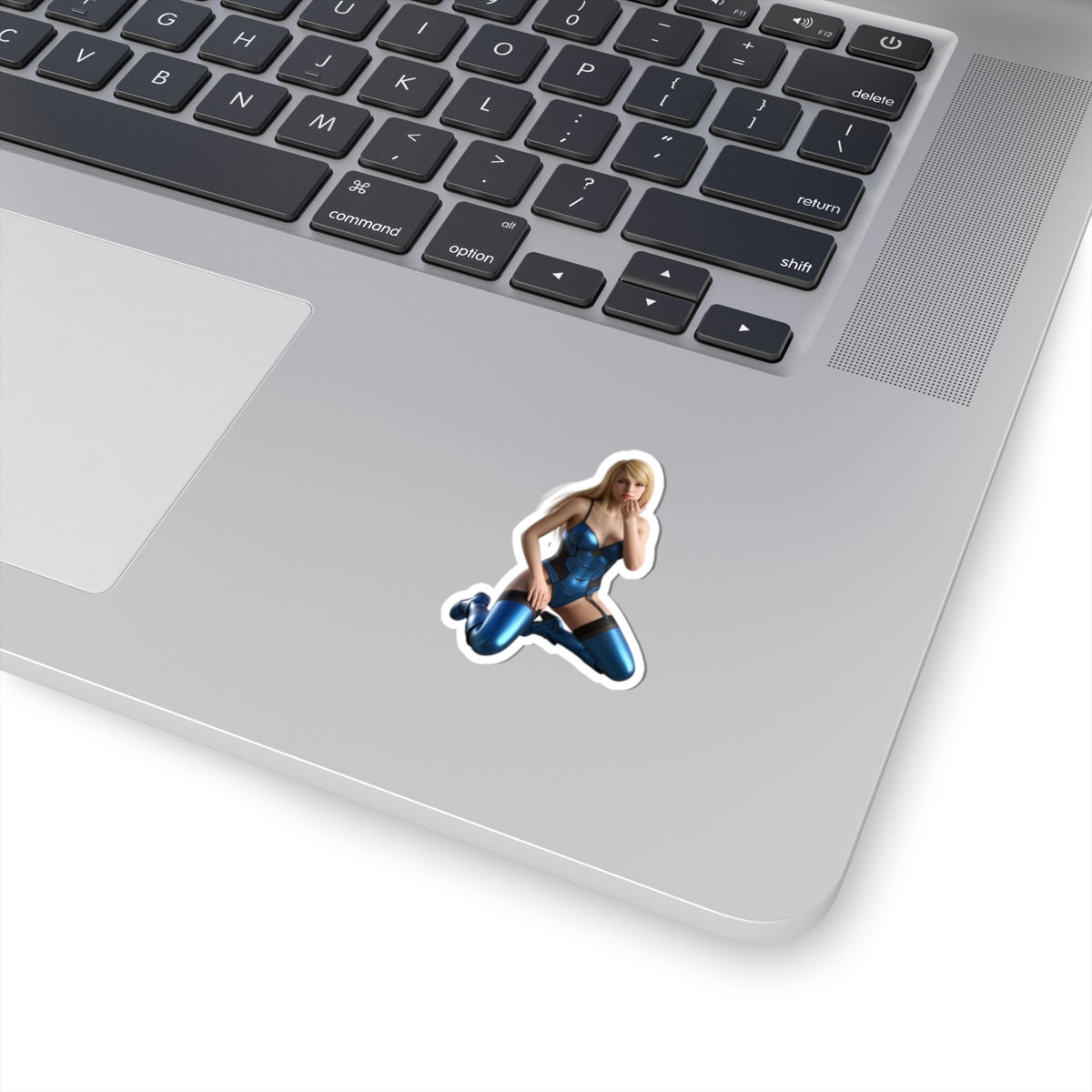Samus Aran Sticker – Sci-Fi Game Vinyl Sticker for Laptops & Indoor Decor on silver laptop showing glossy, durable vinyl, vibrant colors, bubble-free application
