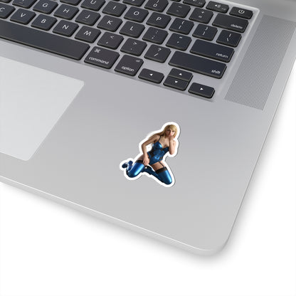 Samus Aran Sticker – Sci-Fi Game Vinyl Sticker for Laptops & Indoor Decor on silver laptop showing glossy, durable vinyl, vibrant colors, bubble-free application