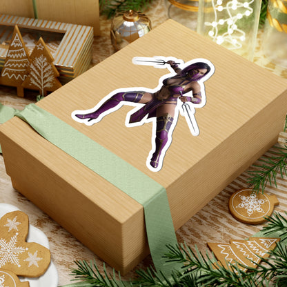 Mileena Sticker – Mortal Kombat Vinyl Sticker for Laptops & Indoor Decor on a holiday gift box, glossy vinyl character decal