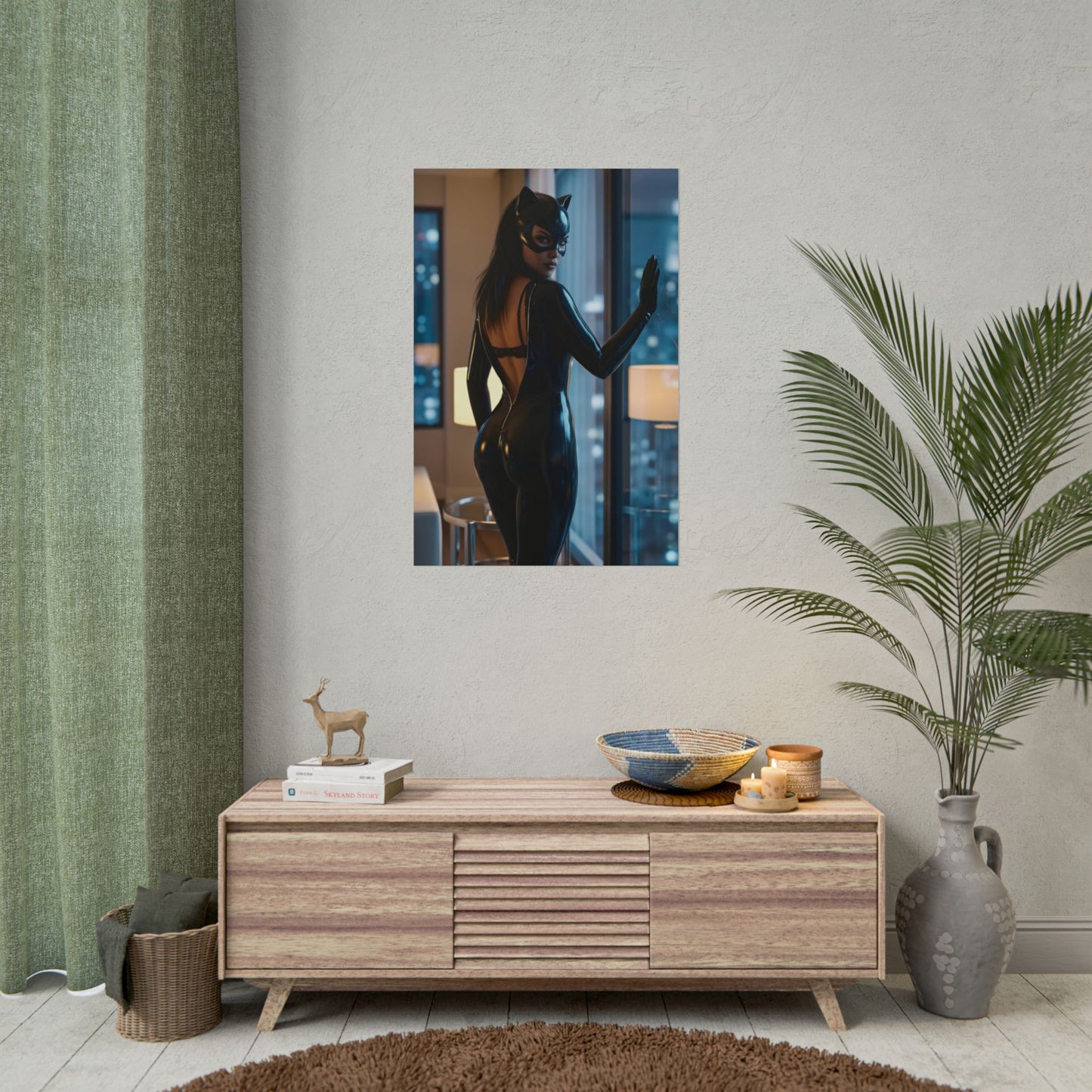Catwoman Poster, DC Comics Art Print – Classic Comic Book Wall Decor framed on modern living room wall showcasing sleek Catwoman silhouette