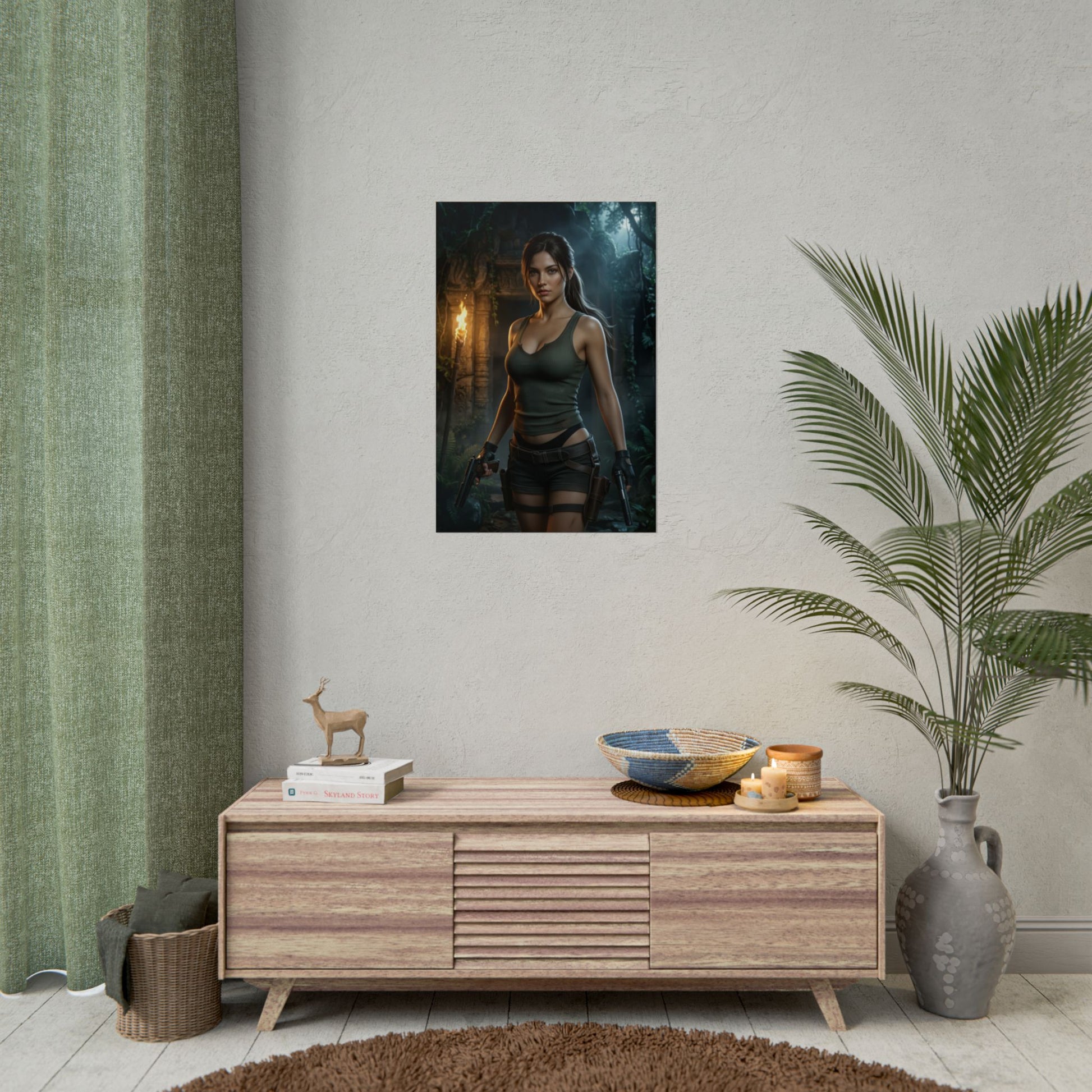 Lara Croft Poster Tomb Raider Wall Art Print Adventure Decor - dramatic jungle ruins poster of Lara in combat stance with warm sunset light