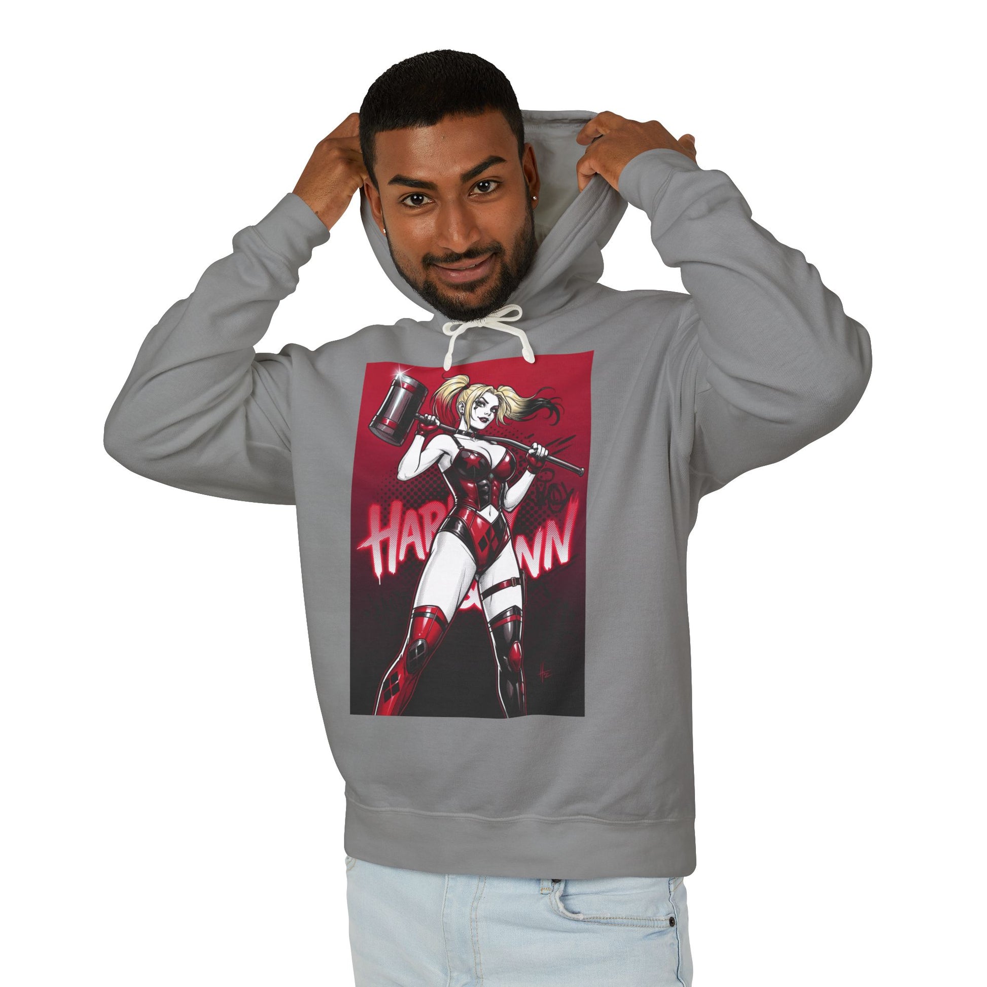 Harley Quinn Hoodie | DC Villain Hoodie | Chaos Queen Pullover — gray streetwear hoodie with bold Harley Quinn graphic and mallet