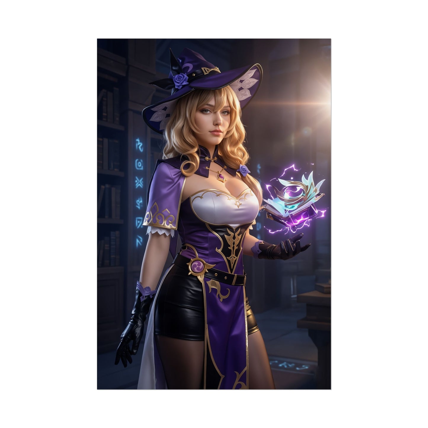 Lisa Poster, Genshin Impact Art Print – Iconic Electro Mage Heroine featuring elegant Lisa in purple witch outfit, magical book and glowing Electro aura