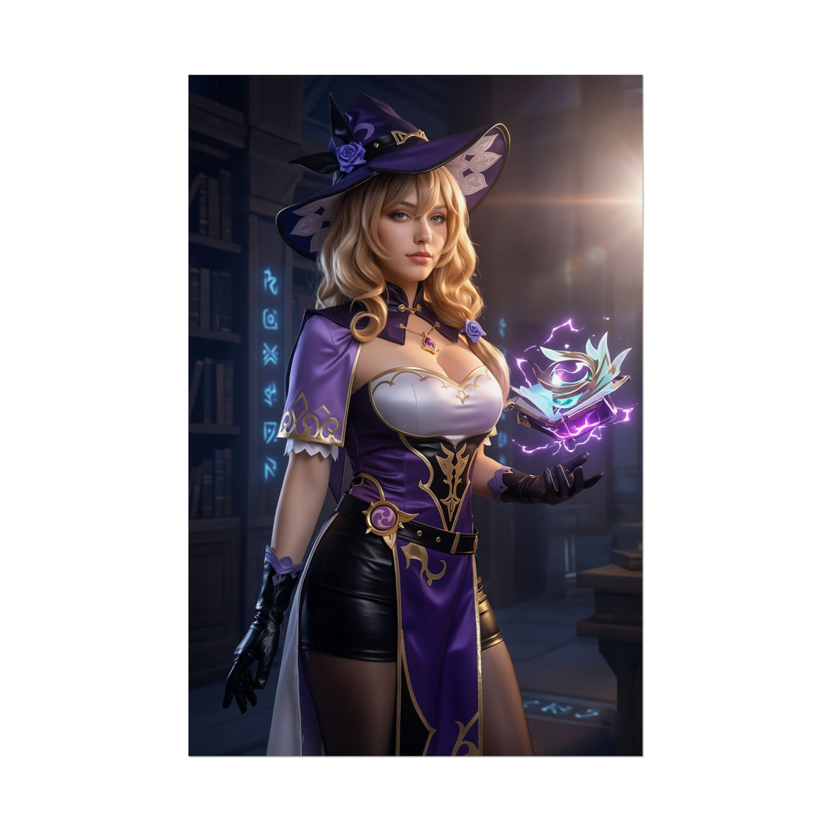 Lisa Poster, Genshin Impact Art Print  Iconic Electro Mage Heroine featuring elegant Lisa in purple witch outfit, magical book and glowing Electro aura