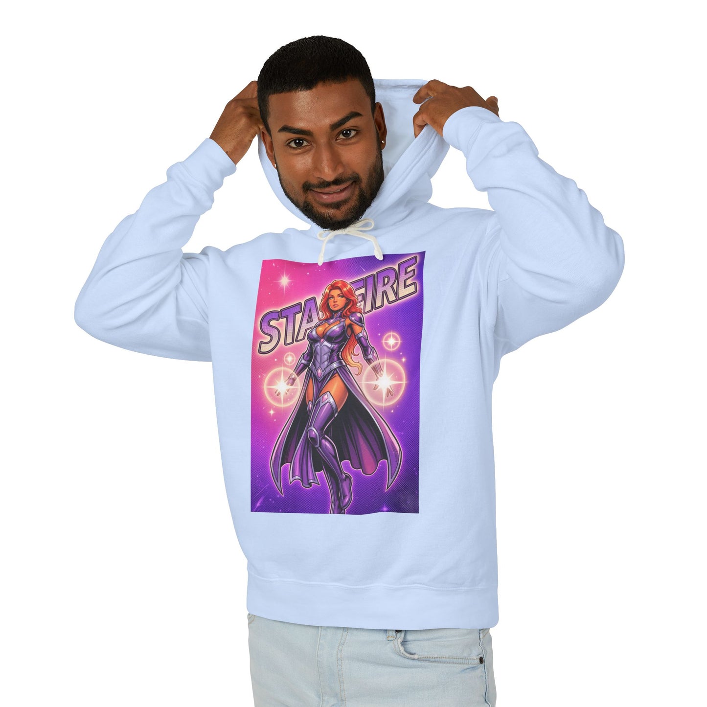 Starfire Hoodie | DC Superhero Hoodie | Cosmic Princess Pullover - light blue pullover with vibrant Starfire graphic and cosmic design