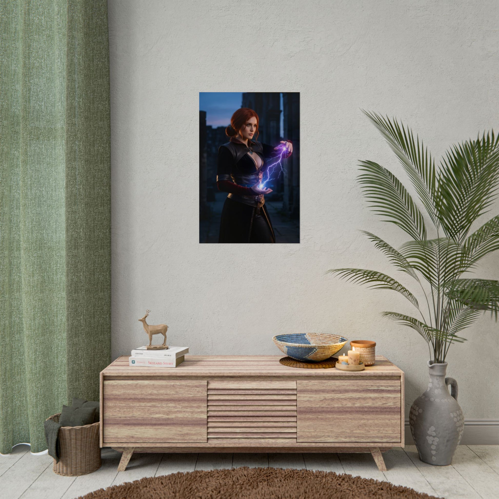 Triss Merigold Poster, The Witcher Art Print – Iconic Mage Heroine Wall Art hanging in modern gamer room with magical purple spell glow