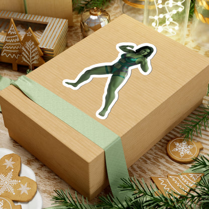 She-Hulk Sticker – Comic Heroine Vinyl Sticker for Laptops & Indoor Decor on a gift box, glossy vibrant vinyl decal showcasing bold comic-style heroine