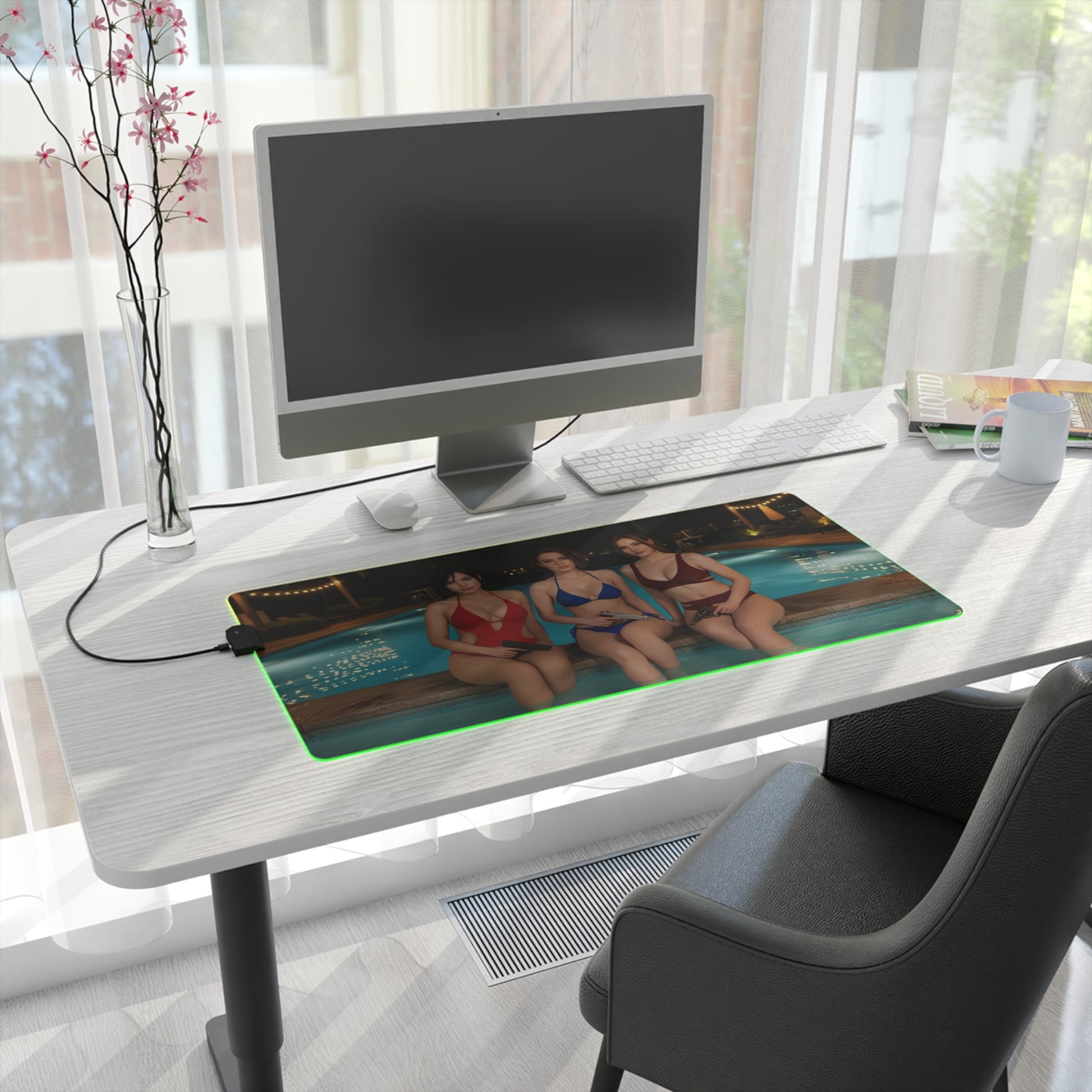 Ada Wong, Claire Redfield & Jill Valentine Desk Mat – LED RGB Pad on modern white desk with monitor, green LED glow and trio character design