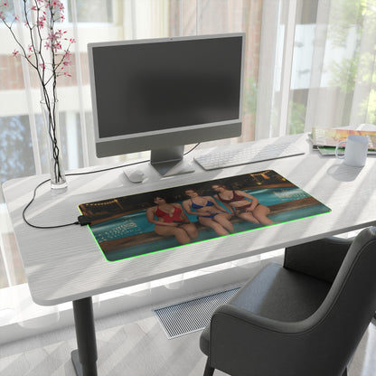 Ada Wong, Claire Redfield & Jill Valentine Desk Mat – LED RGB Pad on modern white desk with monitor, green LED glow and trio character design