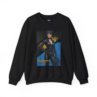 Catwoman Sweatshirt, DC Comics Crewneck, Sleek Superhero Apparel for Fans — black crewneck with Catwoman artwork, sleek leather-look suit and confident pose