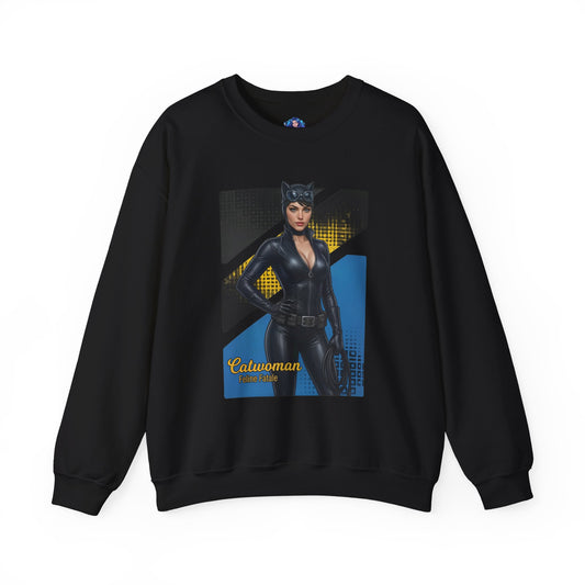 Catwoman Sweatshirt, DC Comics Crewneck, Sleek Superhero Apparel for Fans — black crewneck with Catwoman artwork, sleek leather-look suit and confident pose
