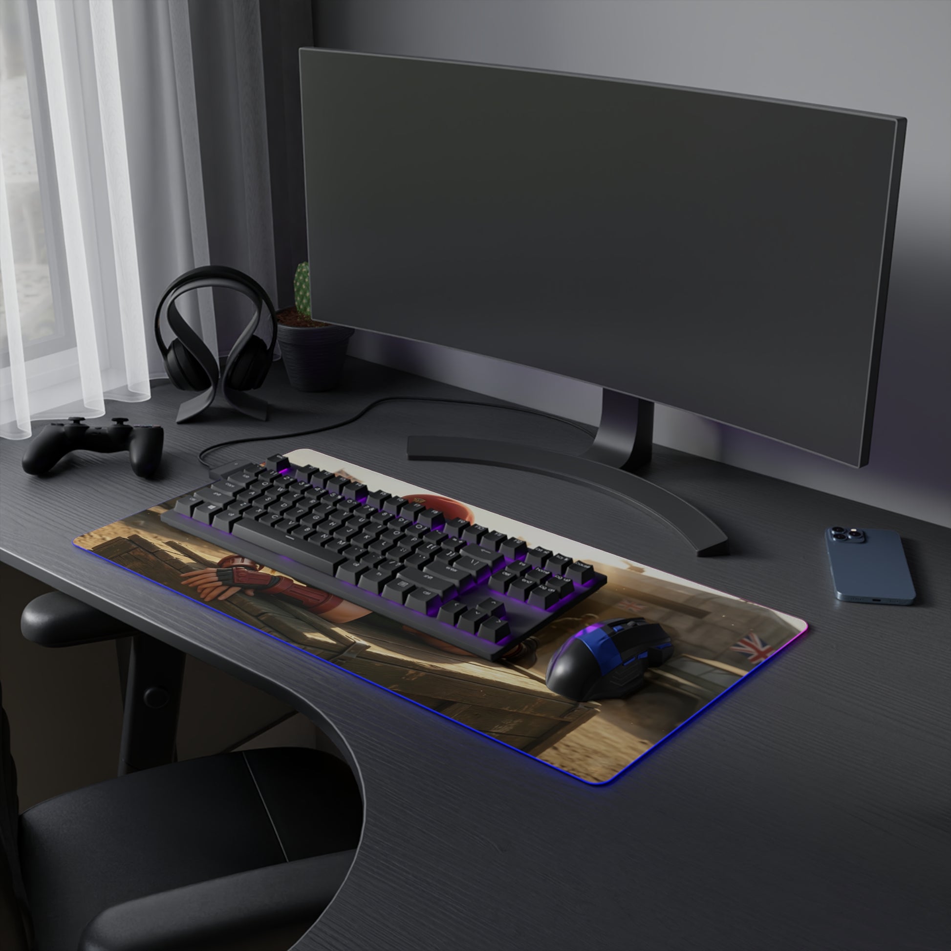 Cammy White Desk Mat – LED RGB Pad, Waifu Fighter Anime Girl Setup on a sleek gaming desk with keyboard, mouse and ambient RGB lighting