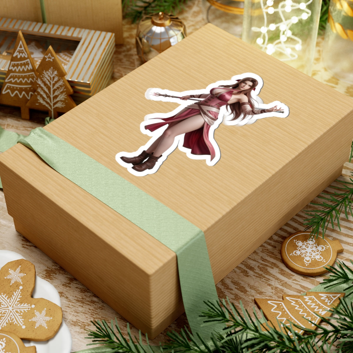 Aerith Sticker – Fantasy Game Vinyl Sticker for Laptops & Indoor Decor on a gift box, glossy durable vinyl sticker of elegant fantasy character