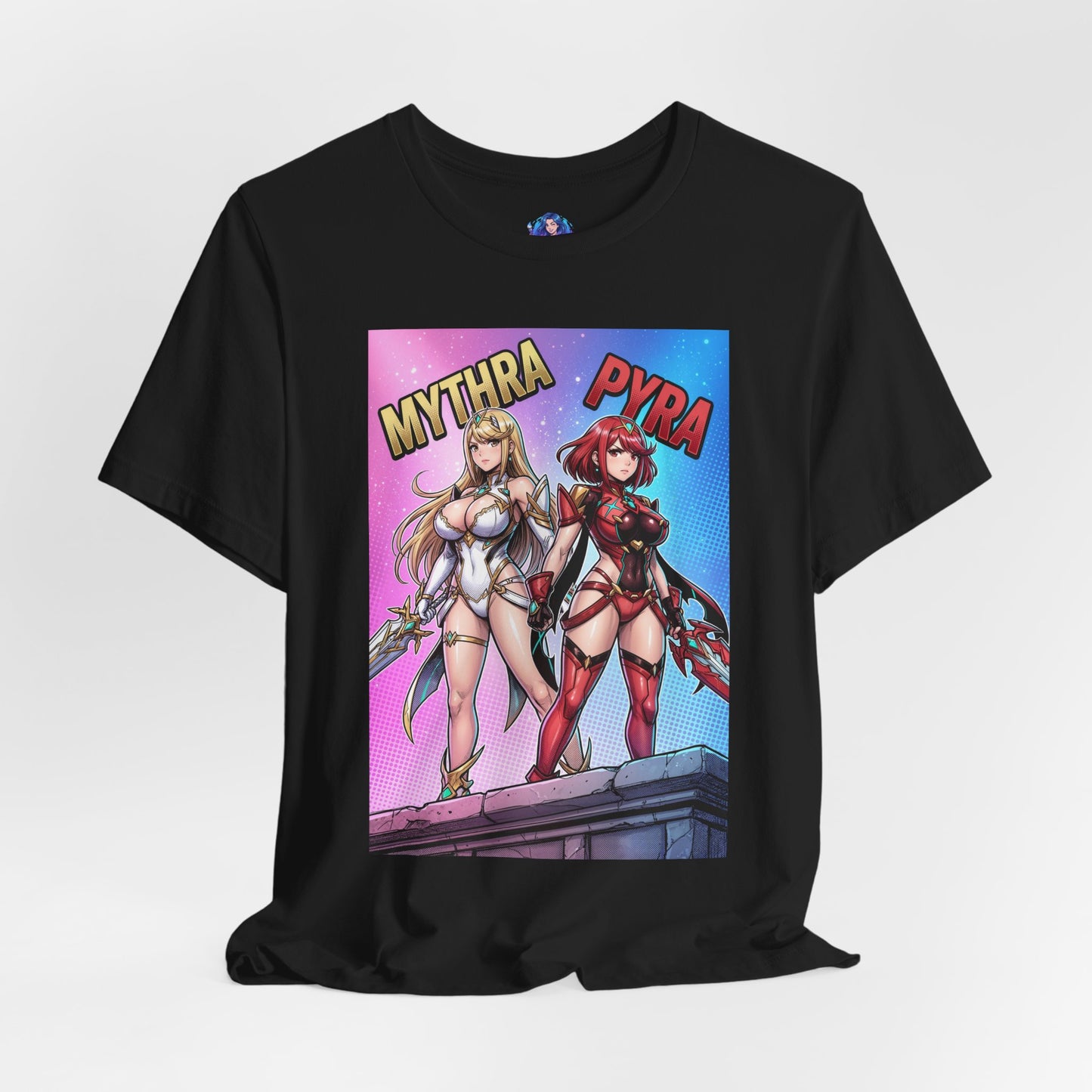 Mythra and Pyra T-Shirt | Anime Tee for Gamers front view showing Mythra and Pyra side-by-side on black Bella Canvas tee