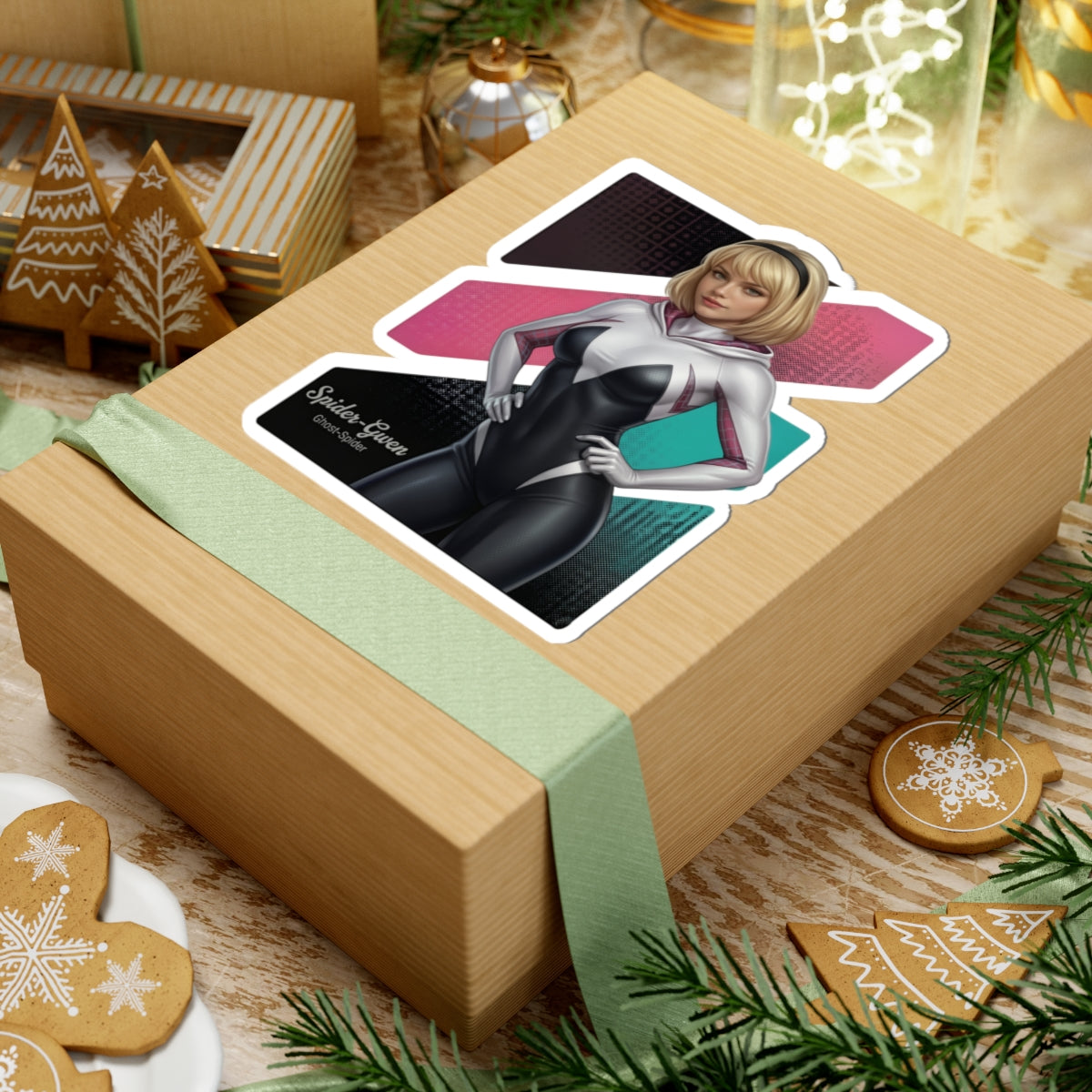 Spider-Gwen Sticker – Superhero Vinyl Sticker for Laptops & Indoor Decor on gift box showing glossy vinyl decal of modern Spider-Gwen character in black and white suit