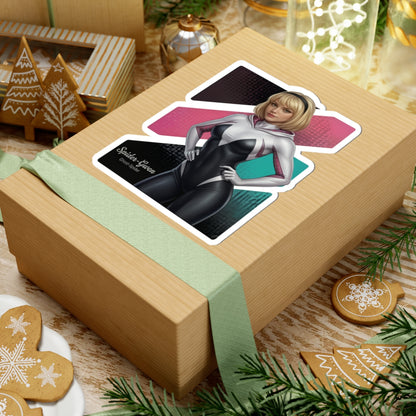 Spider-Gwen Sticker – Superhero Vinyl Sticker for Laptops & Indoor Decor on gift box showing glossy vinyl decal of modern Spider-Gwen character in black and white suit