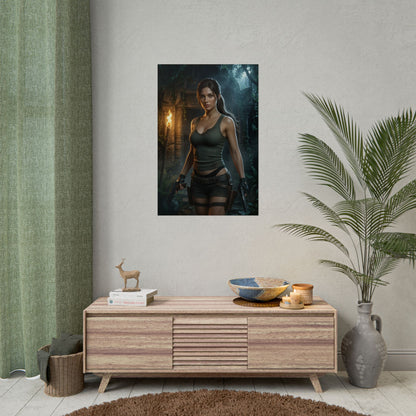 Lara Croft Poster Tomb Raider Wall Art Print Adventure Decor featuring Lara in jungle ruins with sunset lighting and intense action energy