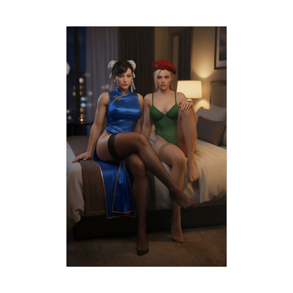 Chun-Li and Cammy White Poster, Street Fighter Art Print – Arcade Wall Art featuring Chun-Li in blue qipao and Cammy in green leotard on a bedroom set