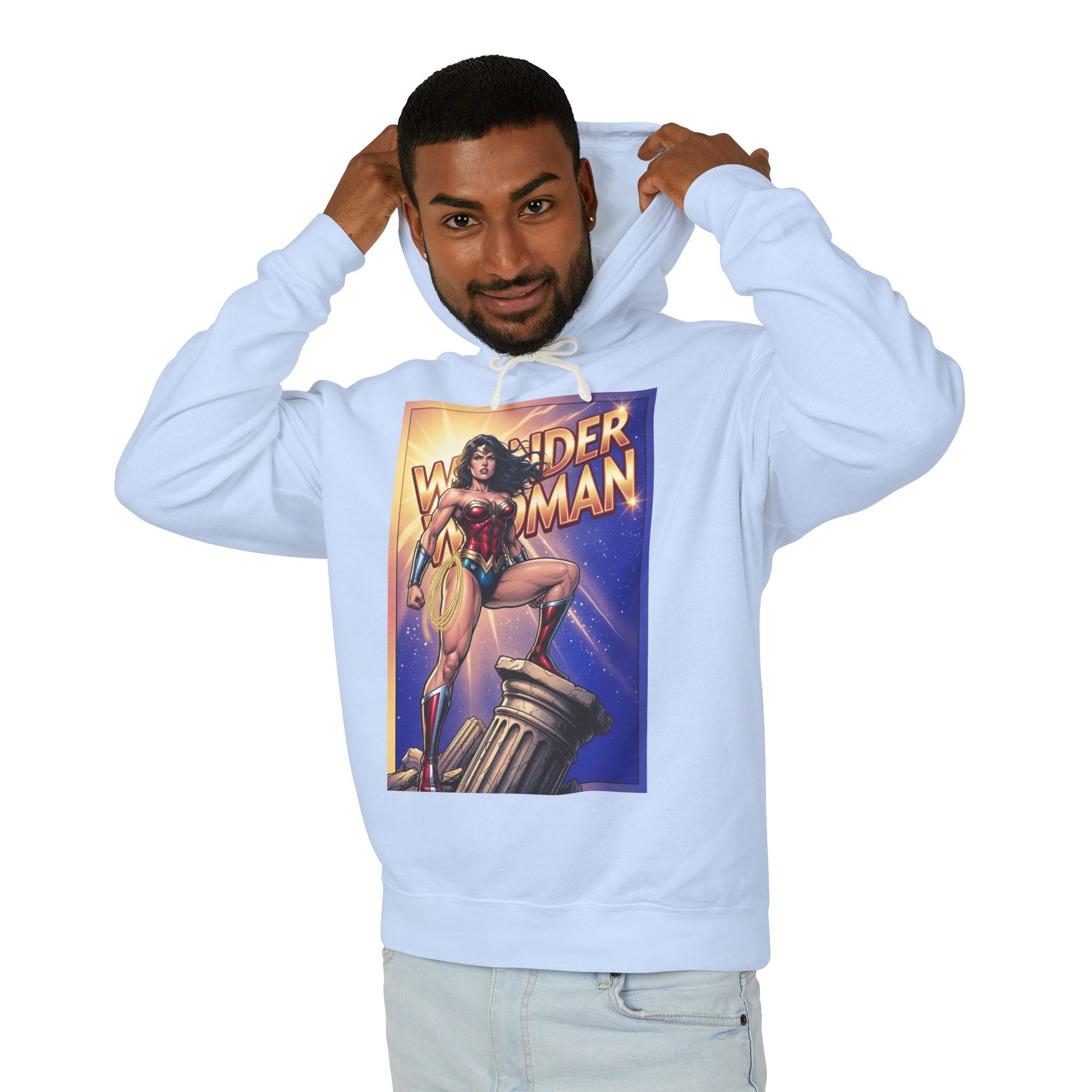 Wonder Woman Hoodie | DC Superhero Hoodie | Amazon Warrior Pullover - light blue pullover with classic Wonder Woman graphic on model