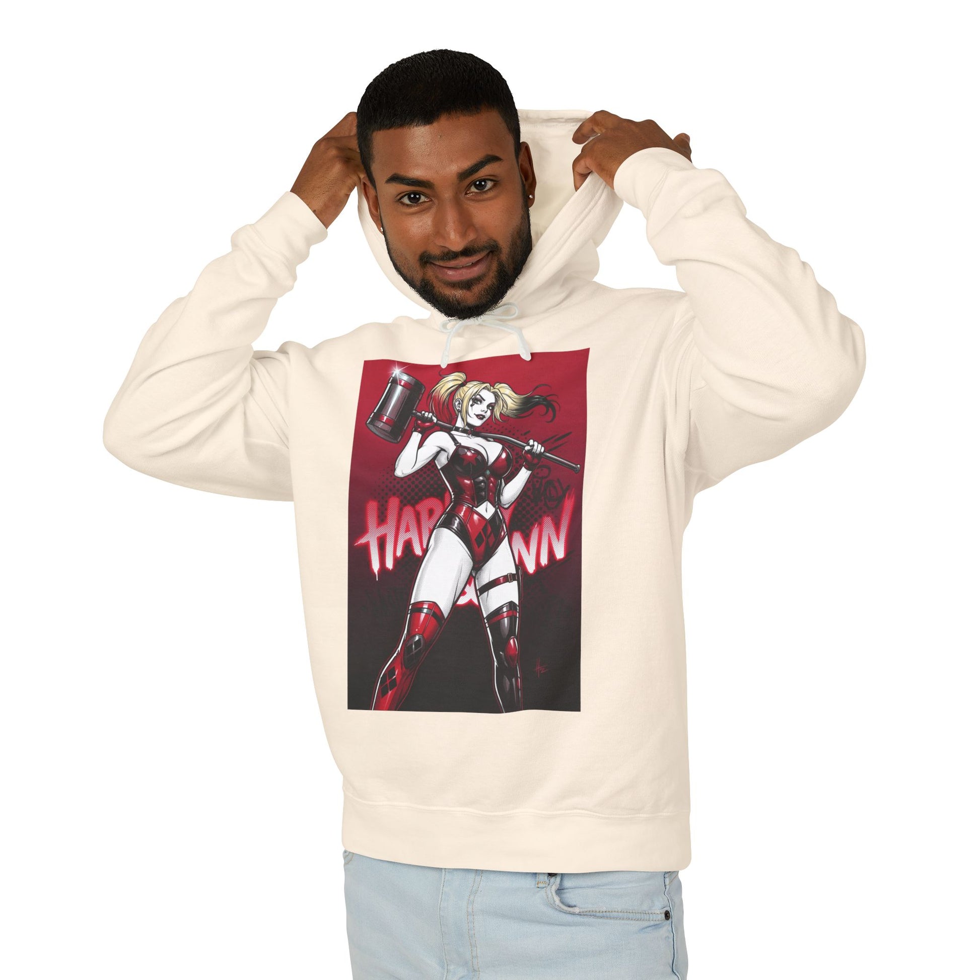 Harley Quinn Hoodie | DC Villain Hoodie | Chaos Queen Pullover - cream streetwear hoodie with graphic Harley Quinn hammer design model wearing hood
