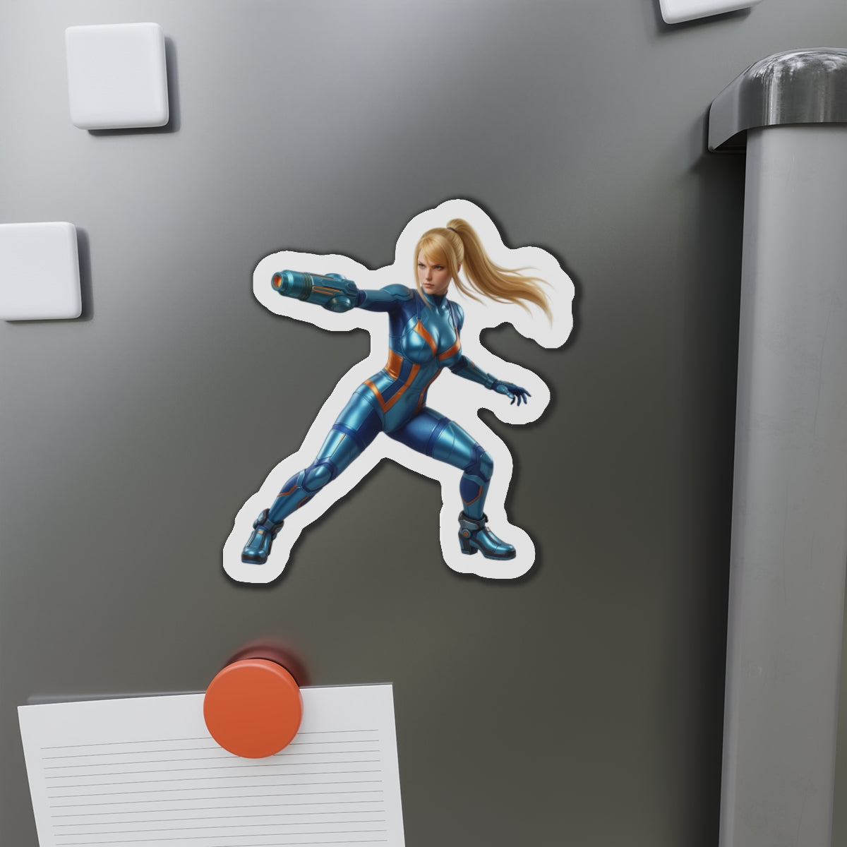 Samus Aran Magnet – Classic Sci-Fi Game Character Fridge Magnet, Decor - die-cut vinyl fridge magnet showing Samus Aran in blue suit