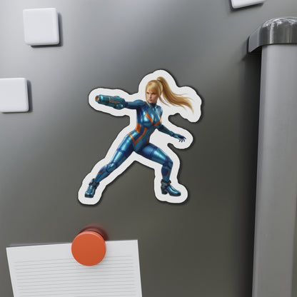 Samus Aran Magnet – Classic Sci-Fi Game Character Fridge Magnet, Decor - die-cut vinyl fridge magnet showing Samus Aran in blue suit