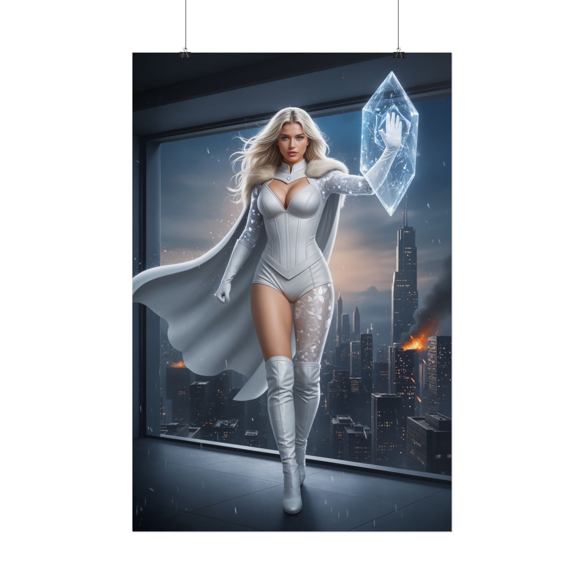 Emma Frost Poster, Marvel X-Men Art Print, Iconic Telepath Hero Wall Decor — stylized telepath in white costume holding ice crystal over city skyline