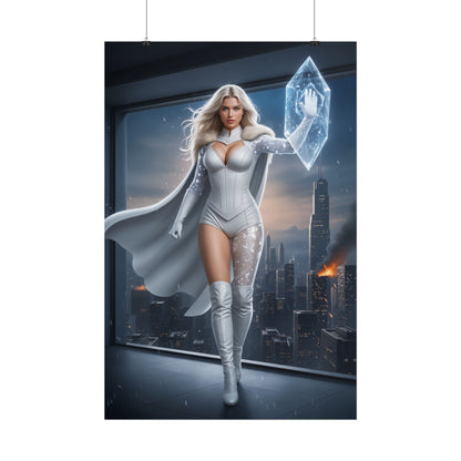 Emma Frost Poster, Marvel X-Men Art Print, Iconic Telepath Hero Wall Decor — stylized telepath in white costume holding ice crystal over city skyline