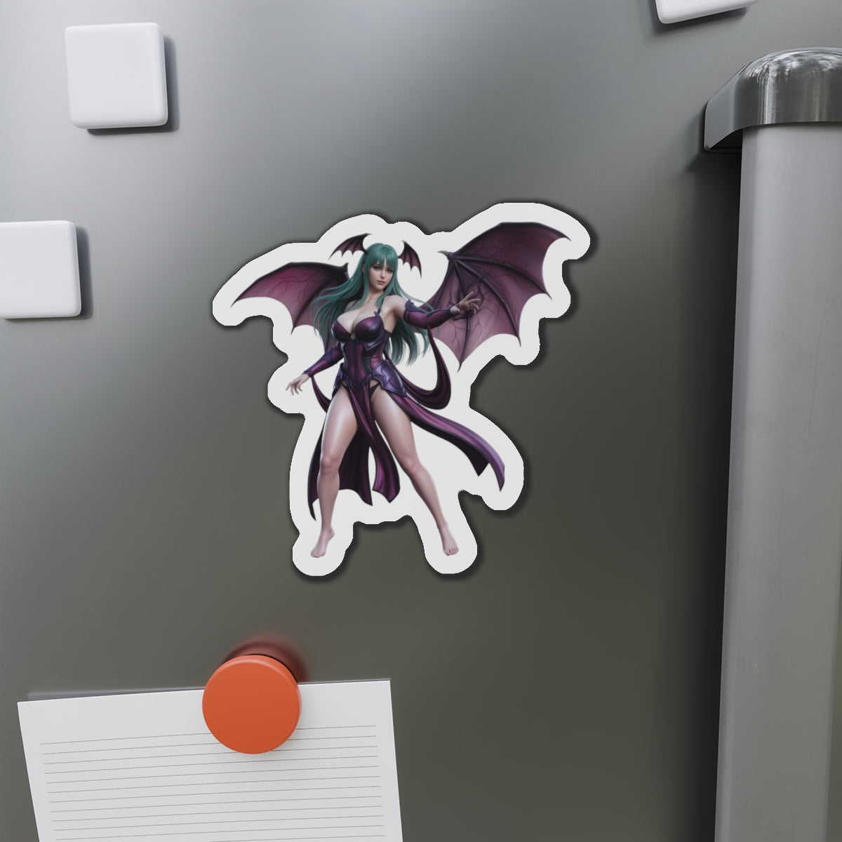 Morrigan Aensland Magnet – Darkstalkers Anime Heroine Fridge Magnet — die-cut vinyl fridge magnet showing Morrigan Aensland in anime style with wings