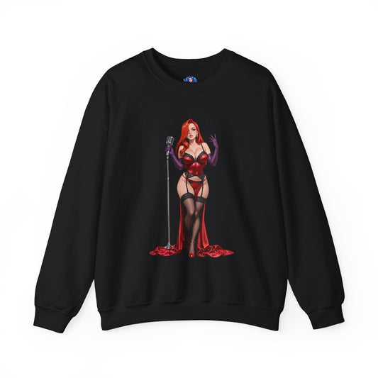 Jessica Rabbit Sweatshirt, Classic Cartoon Crewneck, Cozy Retro Streetwear for Fans - black crewneck with bold red-haired Jessica artwork