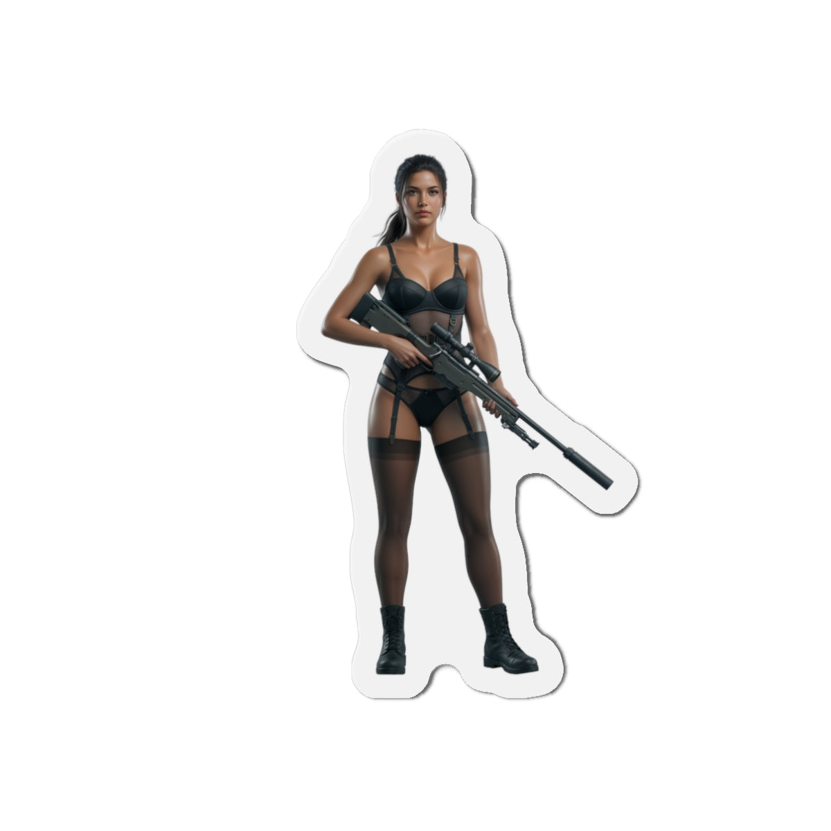 Quiet Magnet – Metal Gear Solid V Fridge Magnet, Game Character Decor premium die-cut vinyl magnet of Quiet holding a sniper rifle, anime-style fridge decor