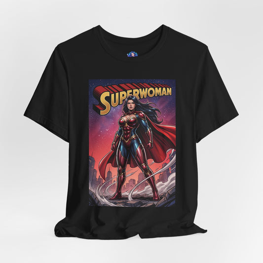 Superwoman T-Shirt | DC Comics Anime Tee for Gamers & Fans front view showing comic-style armored Superwoman graphic on black Bella Canvas tee