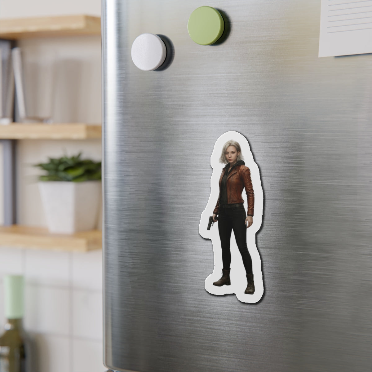 Grace Ashcroft Magnet, Resident Evil Fridge Magnet, Horror Game Decor, Gamer Gift showing anime-style Grace Ashcroft vinyl fridge magnet on stainless refrigerator