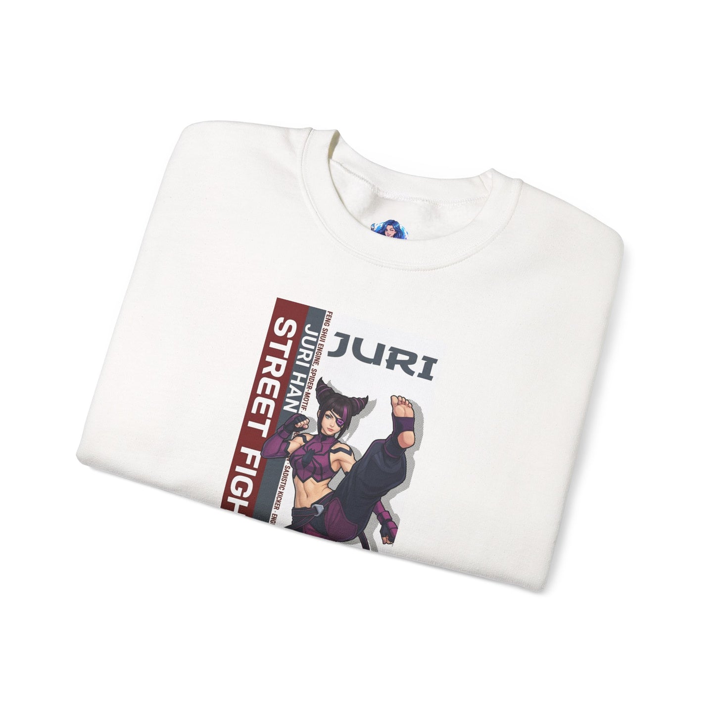 Juri Sweatshirt, Street Fighter Crewneck, Bold Fighting Game Apparel for Fans – white crewneck with Juri character artwork folded