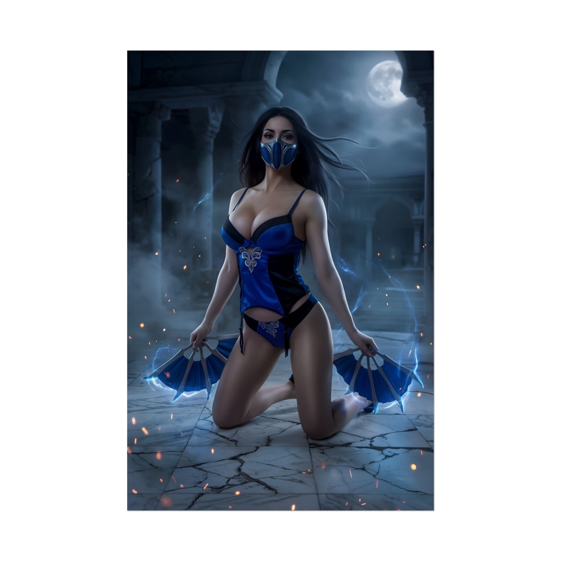 Kitana Poster / Kitana Wall Art / Kitana Art Print / Mortal Kombat Poster - moonlit Edenian warrior kneeling with blue fans in cinematic temple