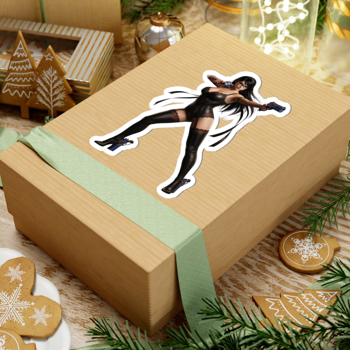 Bayonetta Sticker – Action Game Vinyl Sticker for Laptops & Indoor Decor on brown gift box, glossy vibrant vinyl, bubble-free application