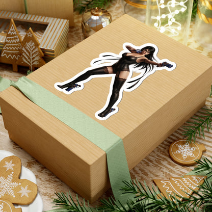 Bayonetta Sticker – Action Game Vinyl Sticker for Laptops & Indoor Decor on brown gift box, glossy vibrant vinyl, bubble-free application