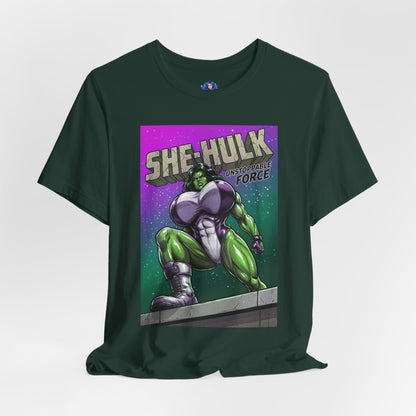 She-Hulk T-Shirt | Marvel Comic Heroine Anime Tee showing comic-style She-Hulk in dominant stance on Bella Canvas 3001 Unisex Tee