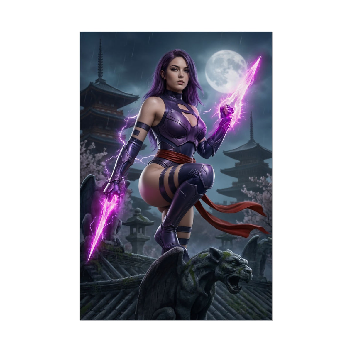 Psylocke Poster, Marvel Art Print  Iconic Mutant Ninja Heroine: detailed purple-clad Psylocke with glowing psychic blades perched on rooftop under moonlight