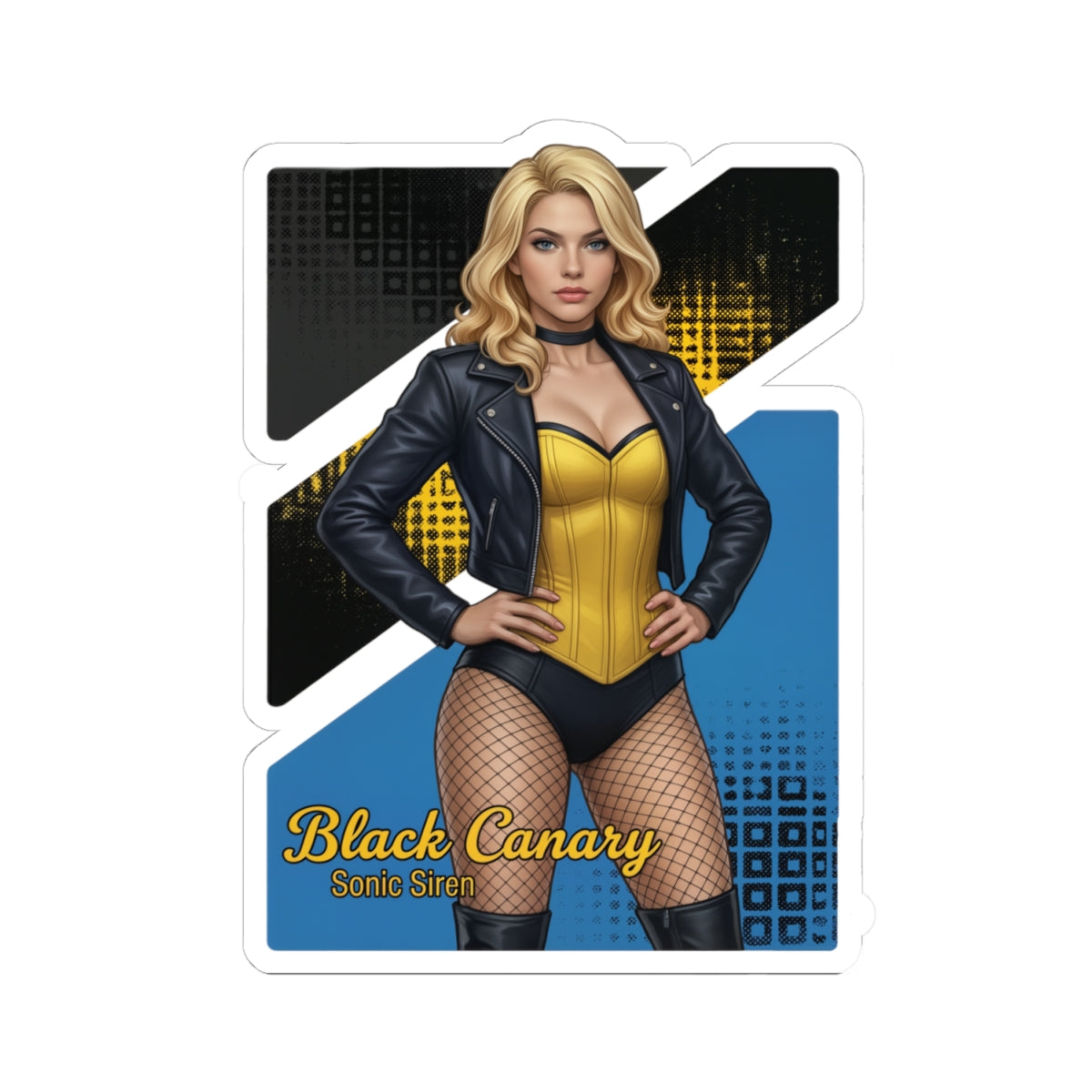 Black Canary Sticker – Comic Heroine Vinyl Sticker for Laptops & Indoor Decor, glossy comic-style Black Canary on blue background