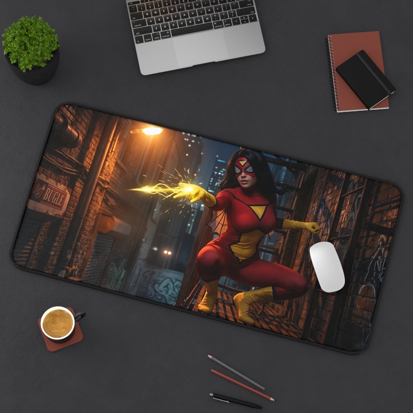 Spider-Woman Gaming Mouse Pad, Superhero Desk Mat, Comic Heroine Desk Setup — premium superhero desk mat showing Spider-Woman leaping with glowing web power