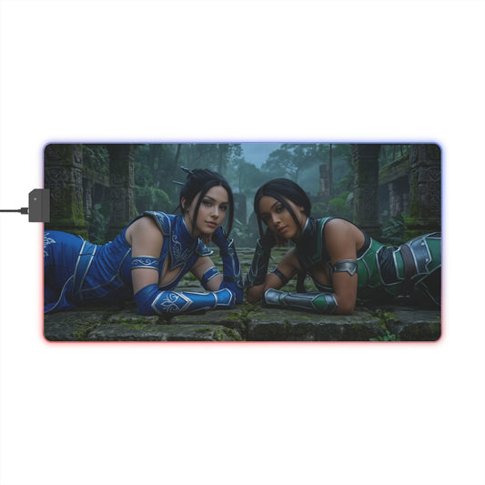 Kitana and Jade Desk Mat – LED RGB Pad, Waifu Fighter Setup showing both heroines on a smooth precision-cloth surface with RGB lighting