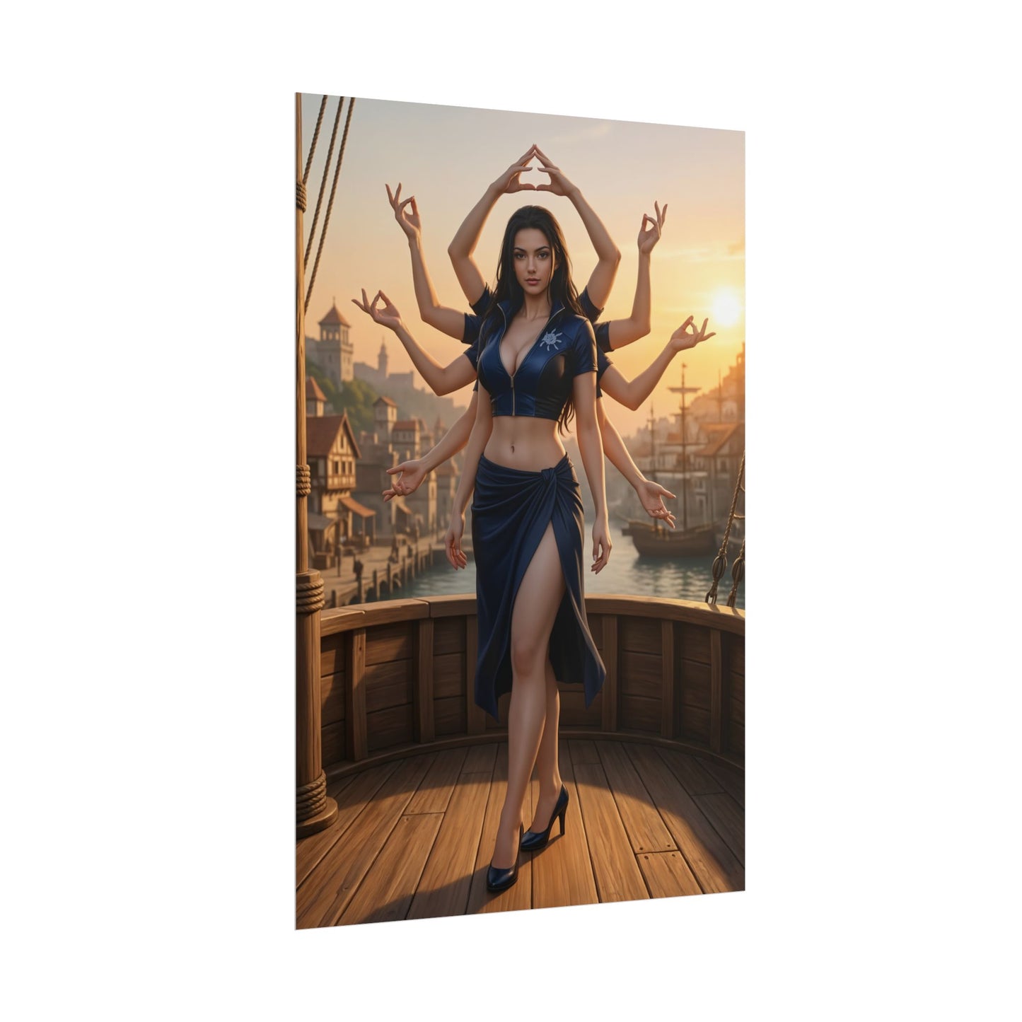 Nico Robin Poster, One Piece Art Print, Iconic Archaeologist Character – elegant multi-armed pose on ship deck at sunset for anime room décor