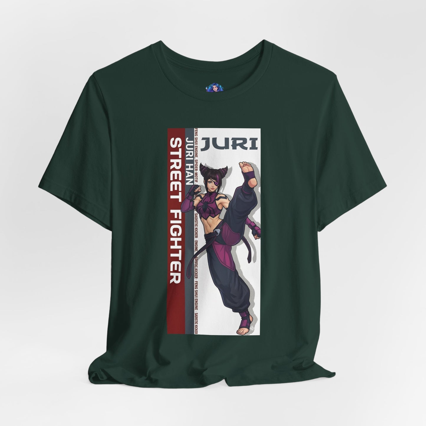 Juri Han T-Shirt | Street Fighter Anime Tee for Gamers & Fighting Game Fans front print showcasing Juri in dynamic kick pose on Bella Canvas tee